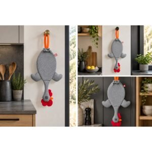 Dispenser organizador de bolsas gallina Etelvina gris OSCURO en uso en la cocina