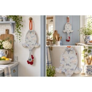 Dispenser organizador de bolsas gallina Etelvina Ciervo Bambi Celeste en uso en la cocina