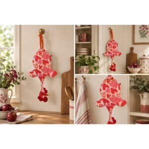 Dispenser organizador de bolsas gallina Etelvina blanca corazones rojos en uso en la cocina