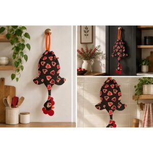 Dispenser organizador de bolsas gallina Etelvina Negra con Corazones Rojos en uso en la cocina