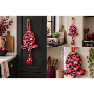 Dispenser organizador de bolsas gallina Etelvina Negra con Corazones en uso en la cocina
