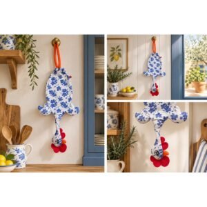 Dispenser organizador de bolsas gallina Etelvina Flores azules en uso en la cocina