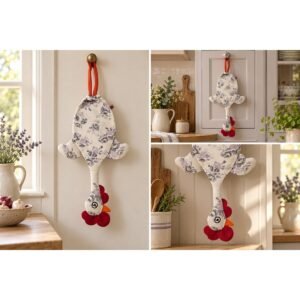 Dispenser organizador de bolsas gallina Etelvina Blanca flores grises en uso en la cocina