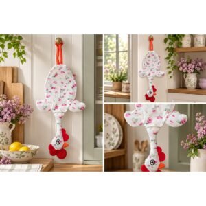 Dispenser organizador de bolsas gallina Etelvina Blanca flores violetas en uso en la cocina