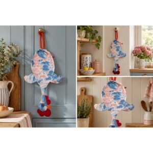 Dispenser organizador de bolsas gallina Etelvina Celeste flores en uso en la cocina
