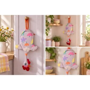 Dispenser organizador de bolsas gallina Etelvina lila flores fluo en uso en la cocina