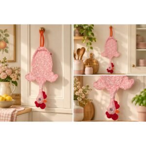 Dispenser organizador de bolsas gallina Etelvina rosa flores blancas en uso en la cocina