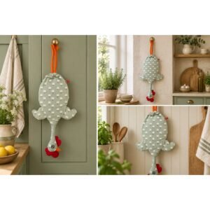 Dispenser Organizador de Bolsas Gallina Etelvina Flores Verde y Blanco en uso en la cocina