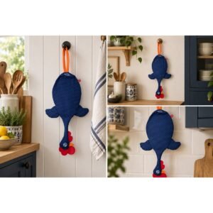 Dispenser organizador de bolsas gallina Etelvina Negra con lunares azules en uso en la cocina