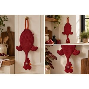 Dispenser Organizador de Bolsas Gallina Etelvina Lunares Chicos Negro y Rojo en uso en la cocina