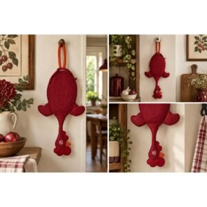 Dispenser organizador de bolsas gallina Etelvina roja lunares negros en uso en la cocina