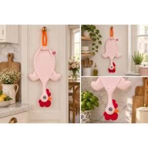 Dispenser organizador de bolsas gallina Etelvina Rosa lunares Rosas en uso en la cocina