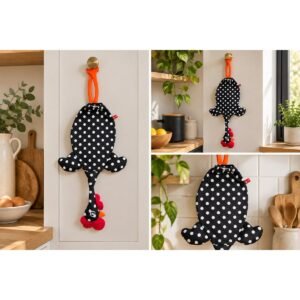 Dispenser organizador de bolsas gallina Etelvina Negra lunares grandes blancos en uso en la cocina