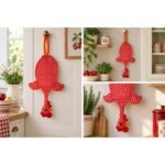 Dispenser organizador de bolsas gallina Etelvina Roja con Lunares blancos en uso en la cocina