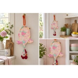 Dispenser Organizador de Bolsas Gallina Etelvina Manchas Rosa y Fucsia en uso en la cocina