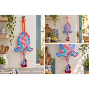 Dispenser Organizador de Bolsas Gallina Etelvina Hojas Rojo y Azul en uso en la cocina