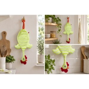 Dispenser Organizador de Bolsas Gallina Etelvina Rayada Amarillo Flúo en uso en la cocina