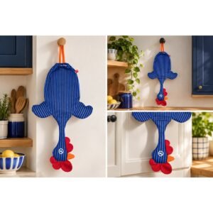Dispenser organizador de bolsas gallina Etelvina Rayada Azul y Negro en uso en la cocina