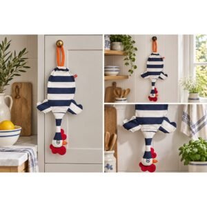 Dispenser Organizador de Bolsas Gallina Etelvina Rayada Blanco y Azul Oscuro en uso en la cocina