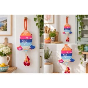 Dispenser Organizador de Bolsas Gallina Etelvina Manchas Naranja y Fucsia en uso en la cocina