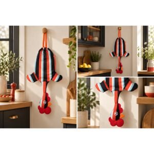Dispenser Organizador de Bolsas Gallina Etelvina Rayada Rojo y Negro en uso en la cocina